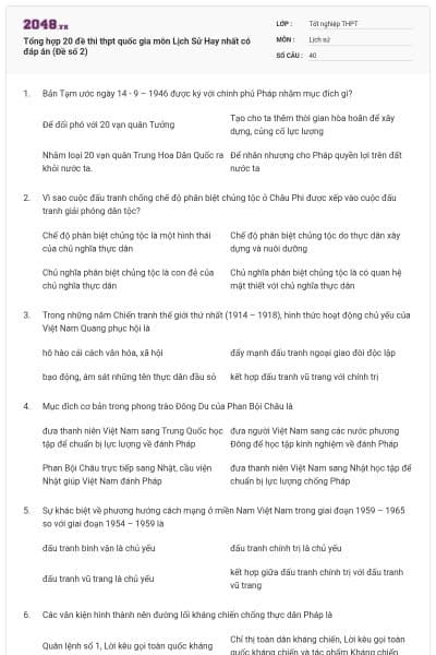Tổng hợp 20 đề thi thpt quốc gia môn Lịch Sử Hay nhất có đáp án (Đề số 2)