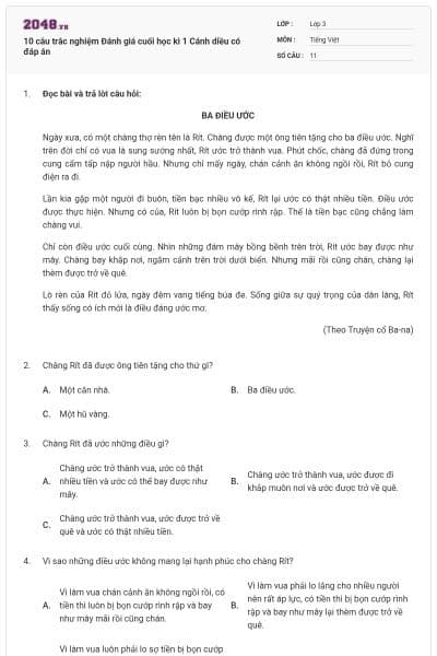 10 câu trắc nghiệm Đánh giá cuối học kì 1 Cánh diều có đáp án