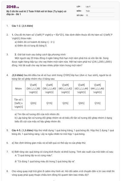 Bộ 5 đề thi cuối kì 2 Toán 9 Kết nối tri thức (Tự luận) có đáp án - Đề 1