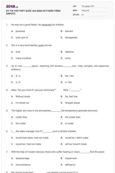 KỲ THI THỬ THPT QUỐC GIA NĂM 2019 MÔN TIẾNG ANH(P2)