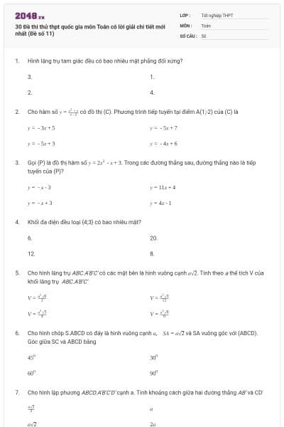 30 Đề thi thử thpt quốc gia môn Toán có lời giải chi tiết mới nhất (Đề số 11)