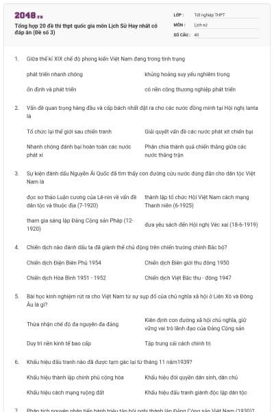 Tổng hợp 20 đề thi thpt quốc gia môn Lịch Sử Hay nhất có đáp án (Đề số 3)