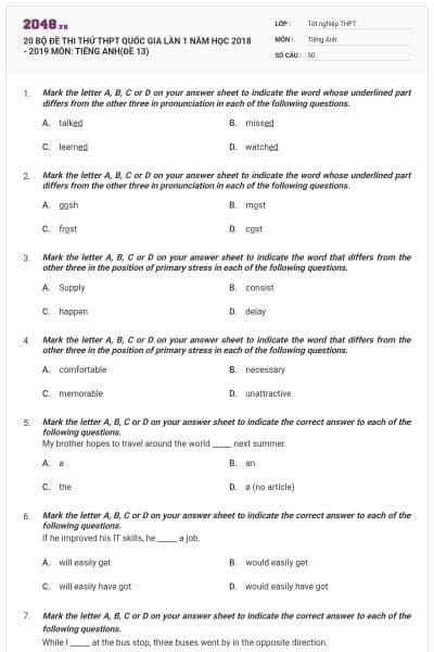 20 BỘ ĐỀ THI THỬ THPT QUỐC GIA LẦN 1 NĂM HỌC 2018 - 2019 MÔN: TIẾNG ANH(ĐỀ 13)
