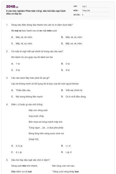 8 câu trắc nghiệm Phân biệt r/d/gi, dấu hỏi/dấu ngã Cánh diều có đáp án