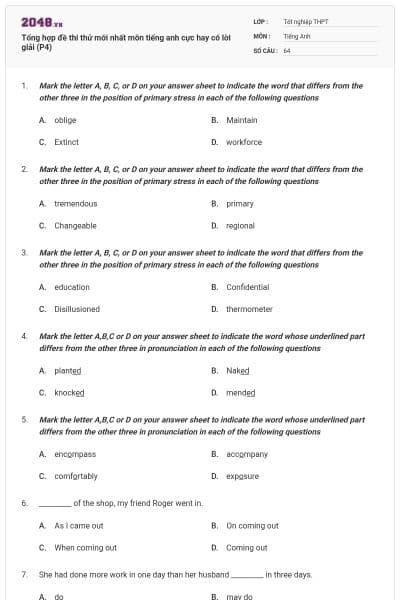 Tổng hợp đề thi thử mới nhất môn tiếng anh cực hay có lời giải (P4)
