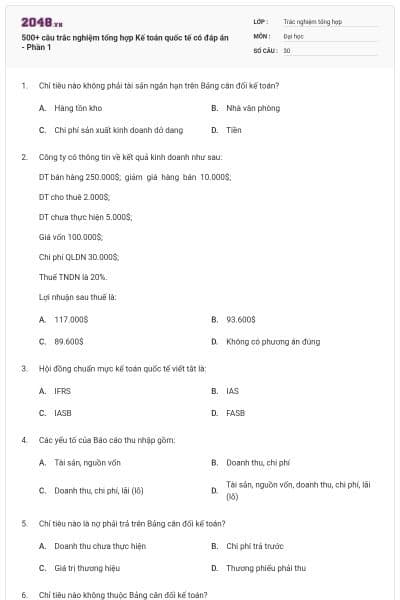 500+ câu trắc nghiệm tổng hợp Kế toán quốc tế có đáp án - Phần 1