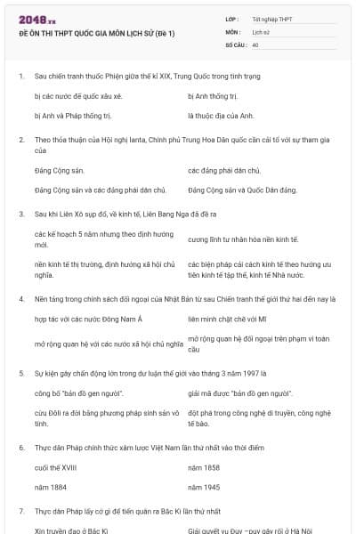 ĐỀ ÔN THI THPT QUỐC GIA MÔN LỊCH SỬ (Đề 1)