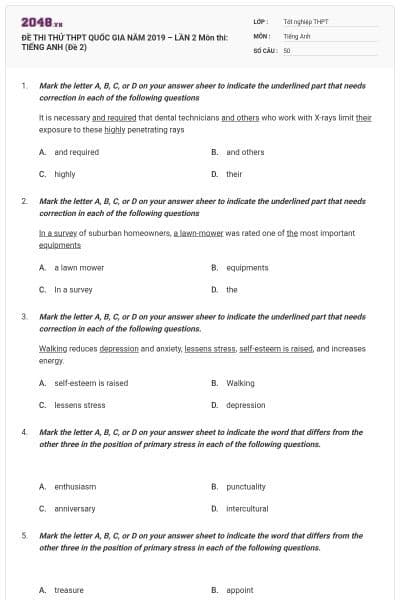 ĐỀ THI THỬ THPT QUỐC GIA NĂM 2019 – LẦN 2 Môn thi: TIẾNG ANH (Đề 2)
