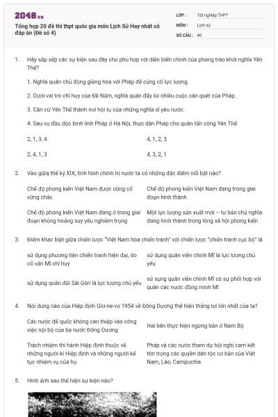 Tổng hợp 20 đề thi thpt quốc gia môn Lịch Sử Hay nhất có đáp án (Đề số 4)