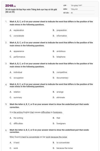 30 đề luyện thi Đại Học môn Tiếng Anh cực hay có lời giải (Đề số 25)