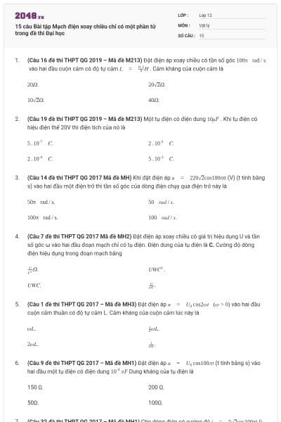 15 câu Bài tập Mạch điện xoay chiều chỉ có một phần tử trong đề thi Đại học
