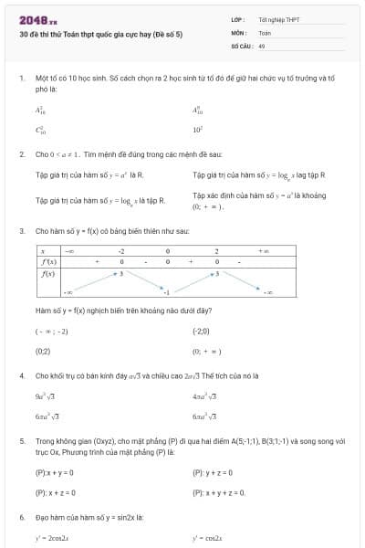 30 đề thi thử Toán thpt quốc gia cực hay (Đề số 5)