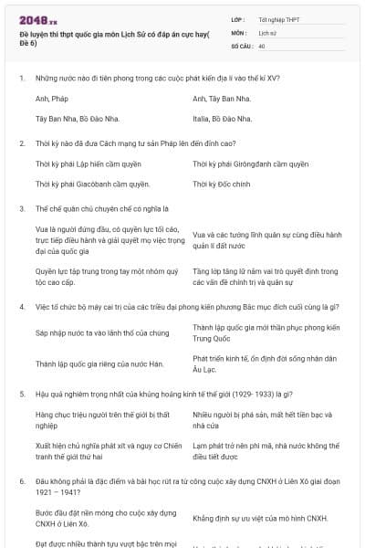 Đề luyện thi thpt quốc gia môn Lịch Sử có đáp án cực hay( Đề 6)