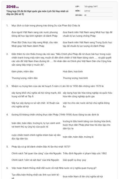 Tổng hợp 20 đề thi thpt quốc gia môn Lịch Sử Hay nhất có đáp án (Đề số 5)
