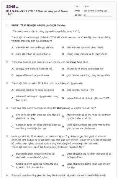 Bộ 4 đề thi cuối kì 2 KTPL 12 Chân trời sáng tạo có đáp án - Đề 1