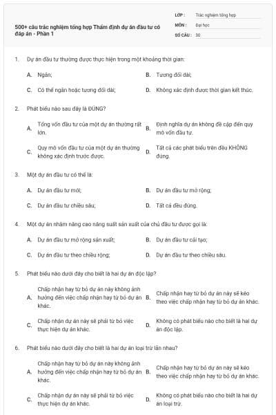 500+ câu trắc nghiệm tổng hợp Thẩm định dự án đầu tư có đáp án - Phần 1