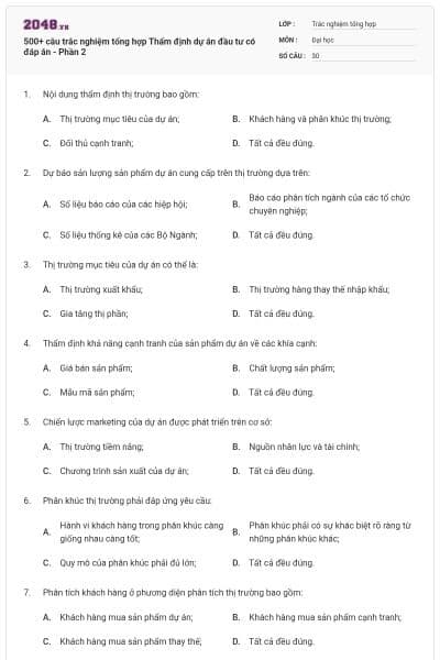 500+ câu trắc nghiệm tổng hợp Thẩm định dự án đầu tư có đáp án - Phần 2