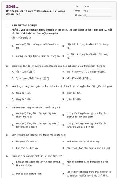 Bộ 3 đề thi cuối kì 2 Vật lí 11 Cánh diều cấu trúc mới có đáp án - Đề 1