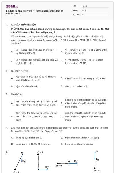 Bộ 3 đề thi cuối kì 2 Vật lí 11 Cánh diều cấu trúc mới có đáp án - Đề 2