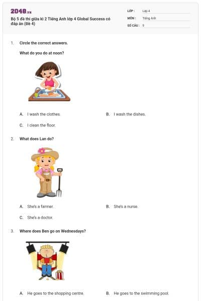 Bộ 5 đề thi giữa kì 2 Tiếng Anh lớp 4 Global Success có đáp án (Đề 4)