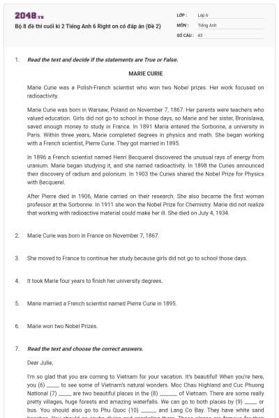 Bộ 8 đề thi cuối kì 2 Tiếng Anh 6 Right on có đáp án (Đề 2)