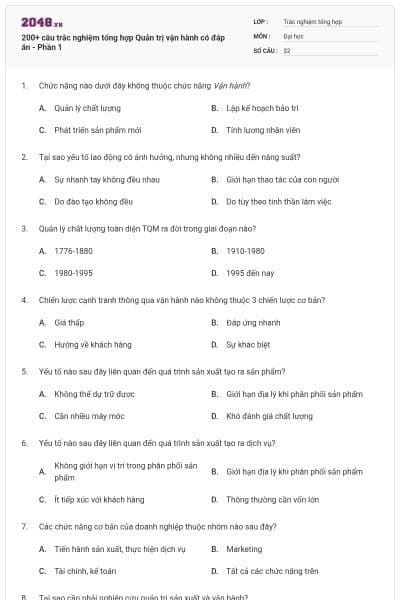 200+ câu trắc nghiệm tổng hợp Quản trị vận hành có đáp án - Phần 1