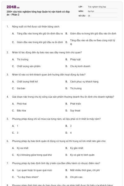 200+ câu trắc nghiệm tổng hợp Quản trị vận hành có đáp án - Phần 2