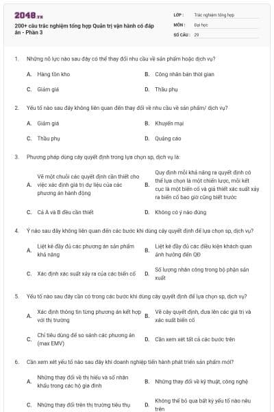 200+ câu trắc nghiệm tổng hợp Quản trị vận hành có đáp án - Phần 3