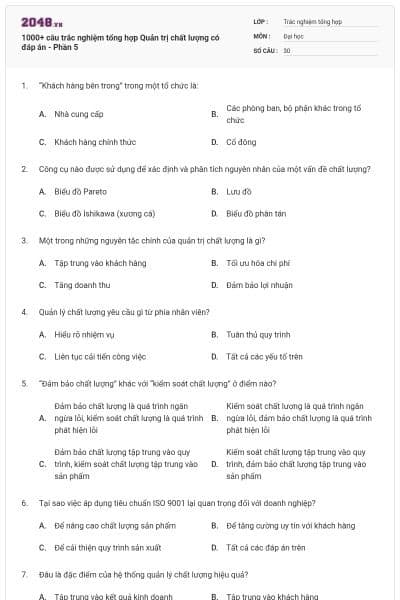 1000+ câu trắc nghiệm tổng hợp Quản trị chất lượng có đáp án - Phần 5