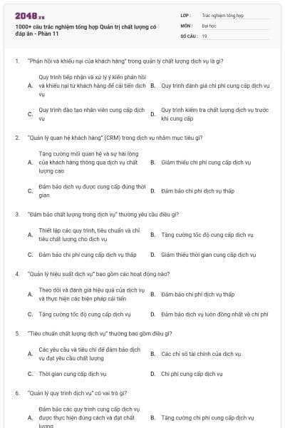 1000+ câu trắc nghiệm tổng hợp Quản trị chất lượng có đáp án - Phần 11