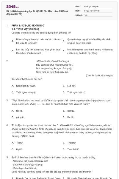 Đề thi Đánh giá năng lực ĐHQG Hồ Chí Minh năm 2025 có đáp án (Đề 25)