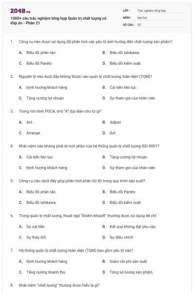 1000+ câu trắc nghiệm tổng hợp Quản trị chất lượng có đáp án - Phần 21