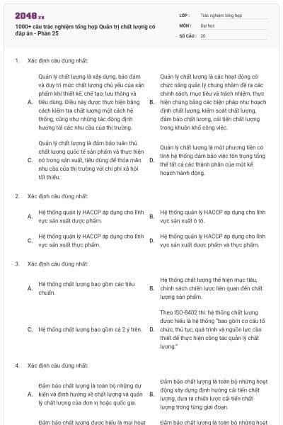 1000+ câu trắc nghiệm tổng hợp Quản trị chất lượng có đáp án - Phần 25