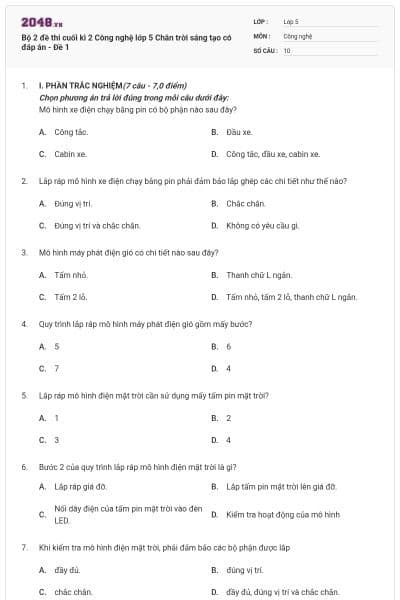 Bộ 2 đề thi cuối kì 2 Công nghệ lớp 5 Chân trời sáng tạo có đáp án - Đề 1