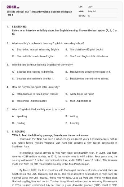Bộ 5 đề thi cuối kì 2 Tiếng Anh 9 Global Success có đáp án - Đề 5