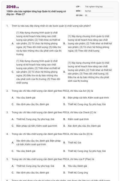 1000+ câu trắc nghiệm tổng hợp Quản trị chất lượng có đáp án - Phần 27
