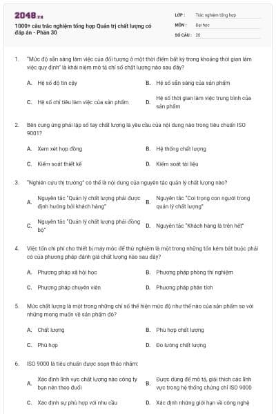 1000+ câu trắc nghiệm tổng hợp Quản trị chất lượng có đáp án - Phần 30
