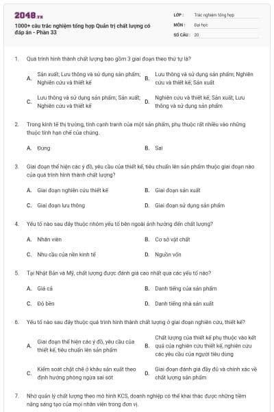 1000+ câu trắc nghiệm tổng hợp Quản trị chất lượng có đáp án - Phần 33