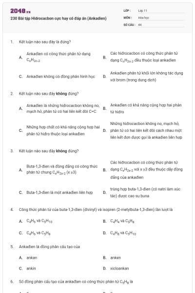 230 Bài tập Hidrocacbon cực hay có đáp án (Ankadien)