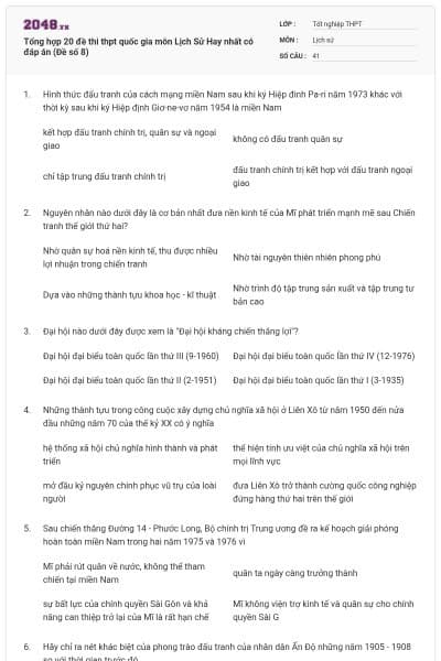 Tổng hợp 20 đề thi thpt quốc gia môn Lịch Sử Hay nhất có đáp án (Đề số 8)