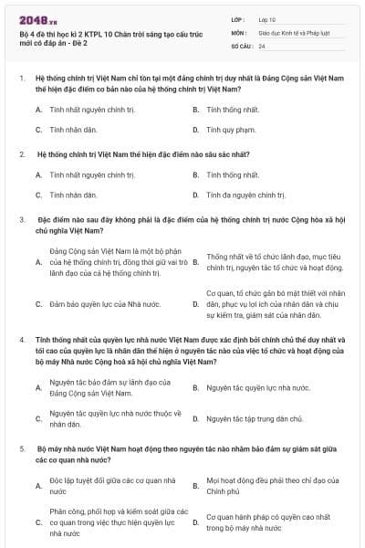 Bộ 4 đề thi học kì 2 KTPL 10 Chân trời sáng tạo cấu trúc mới có đáp án - Đề 2