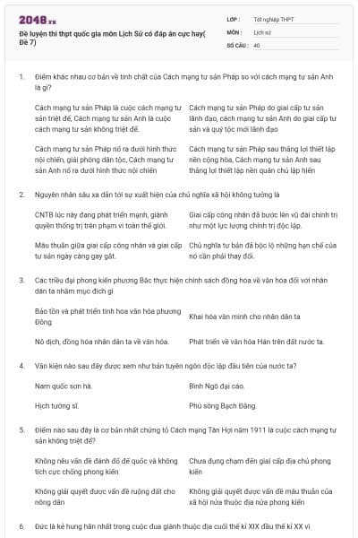 Đề luyện thi thpt quốc gia môn Lịch Sử có đáp án cực hay( Đề 7)