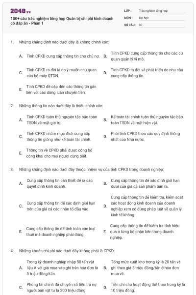 100+ câu trắc nghiệm tổng hợp Quản trị chi phí kinh doanh có đáp án - Phần 1