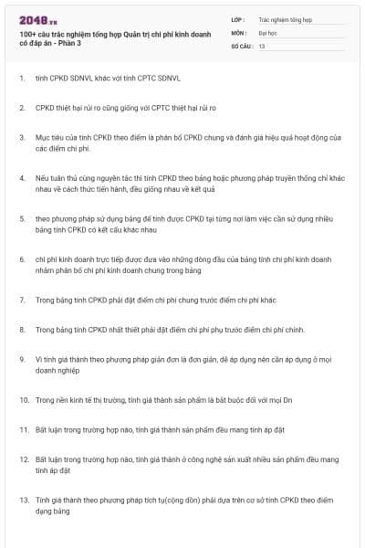 100+ câu trắc nghiệm tổng hợp Quản trị chi phí kinh doanh có đáp án - Phần 3