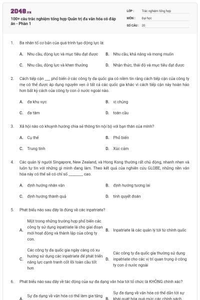 100+ câu trắc nghiệm tổng hợp Quản trị đa văn hóa có đáp án - Phần 1
