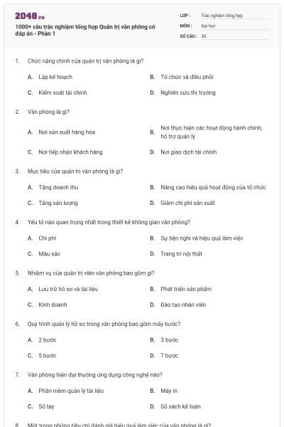 1000+ câu trắc nghiệm tổng hợp Quản trị văn phòng có đáp án - Phần 1