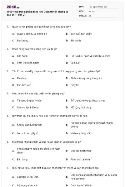 1000+ câu trắc nghiệm tổng hợp Quản trị văn phòng có đáp án - Phần 2