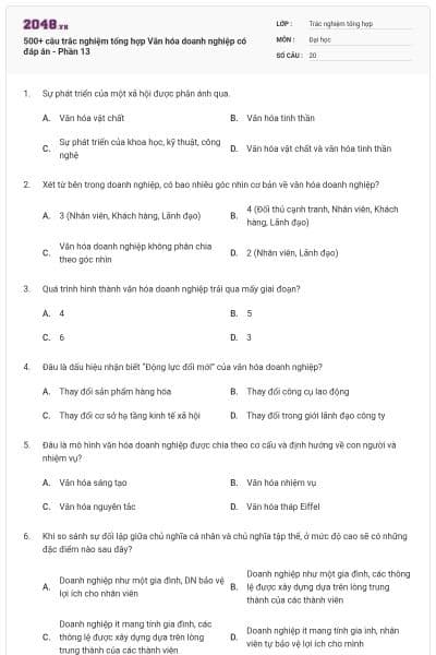 500+ câu trắc nghiệm tổng hợp Văn hóa doanh nghiệp có đáp án - Phần 13
