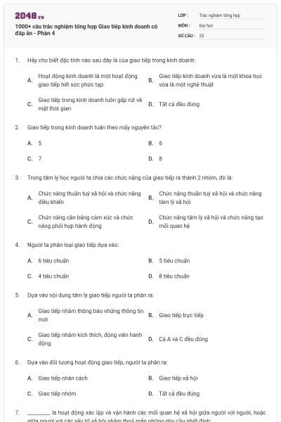 1000+ câu trắc nghiệm tổng hợp Giao tiếp kinh doanh có đáp án - Phần 4