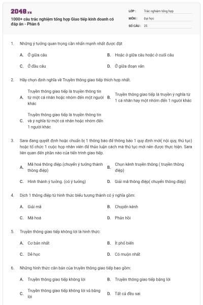 1000+ câu trắc nghiệm tổng hợp Giao tiếp kinh doanh có đáp án - Phần 6